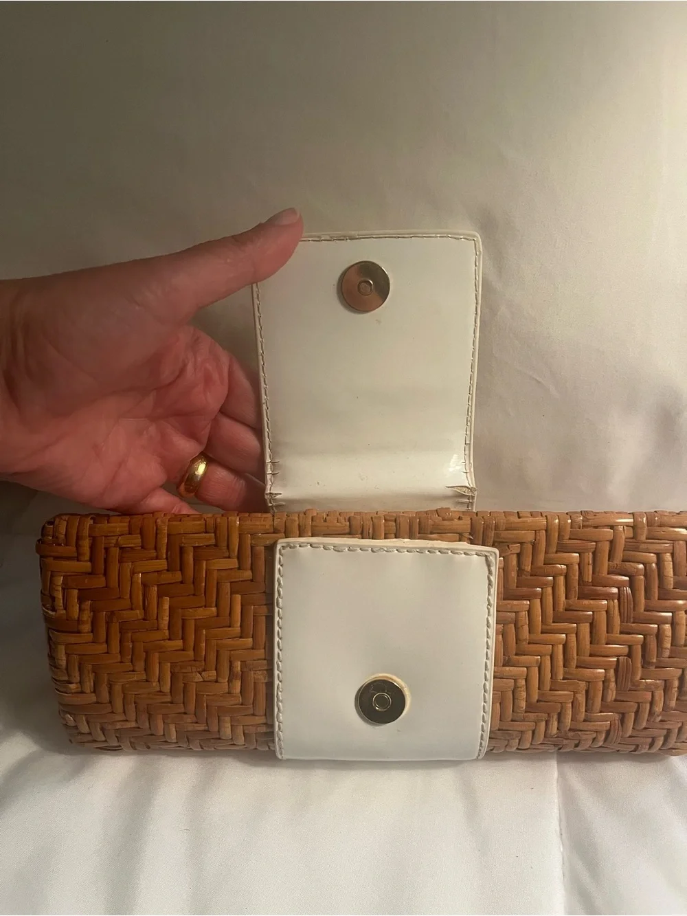 Tory Burch Tan Woven Straw Clutch with White Leather Logo Strap